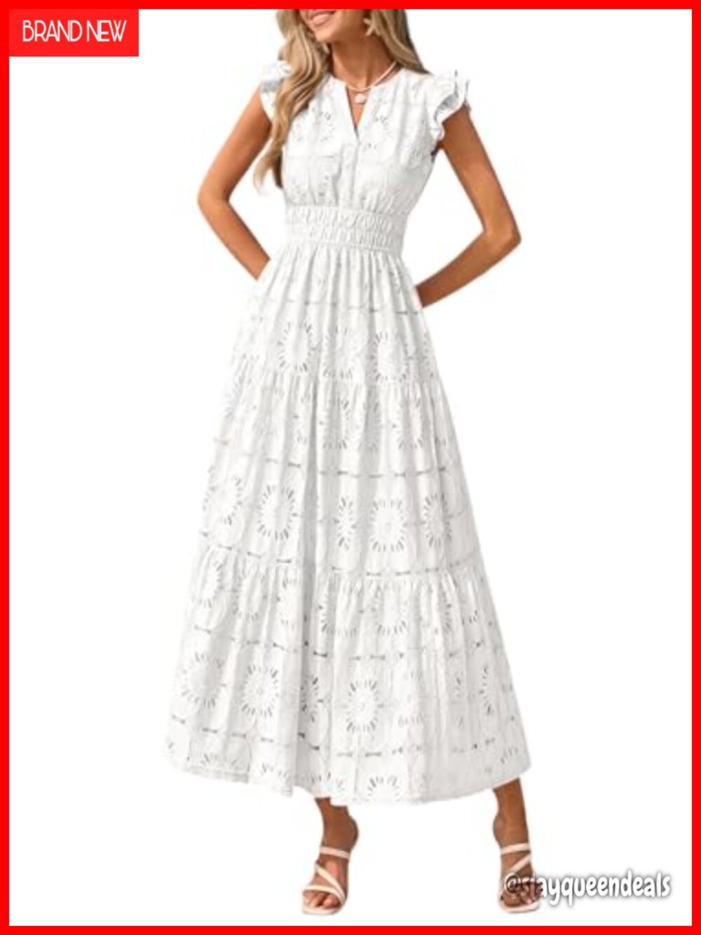 Women's Eyelet Boho Maxi Dress Flutter Sleeve V-Neck Fit Flare Summer
